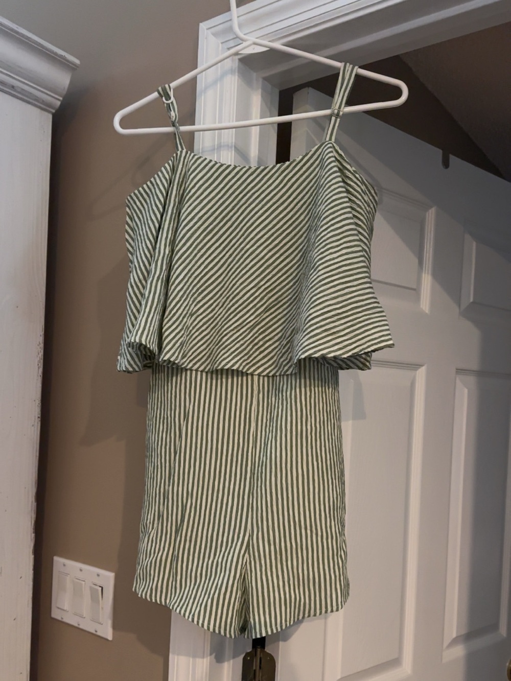 Lizard Thicket Green and White Striped Romper with Overlay Bodice